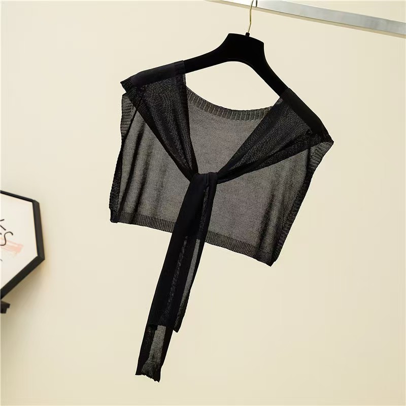 T949 shawl outer decoration summer sun protection ice silk solid color thin knitted air conditioning shawl knotted scarf small waistcoat