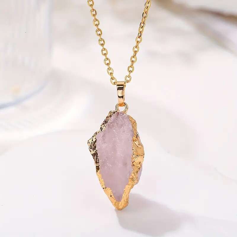 Natural Stone Irregular Raw Electroplated Gold Pendant Pink Quartz Yellow Crystal DIY Jewelry Accessories