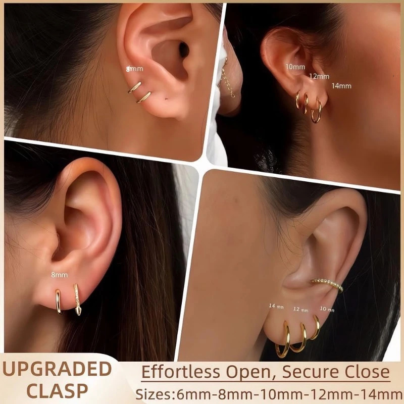 5 Pairs 14K Gold Plated Huggie Hoop Earrings for Women Lightweight Minimalist Small Hoops Multiple Piercing Stack Set Earrings 250610