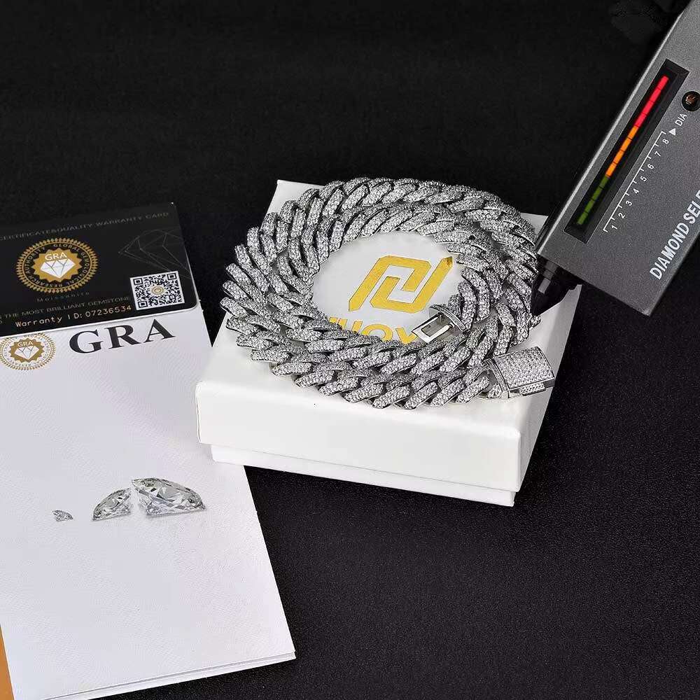 HipHop 925 Silver Men Double Row 15mm Rhombus Cuban Necklace Trendy Brand Moissanite Diamond