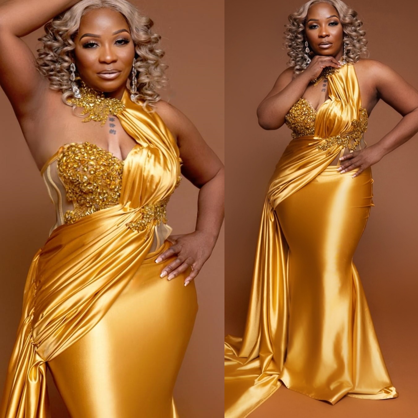 Gold Mermaid Prom Dresses 2025 Beaded Crystals Satin Halter Charming Evening Formal Party Second Birthday Engagement Gowns Plus Size Dress For Special