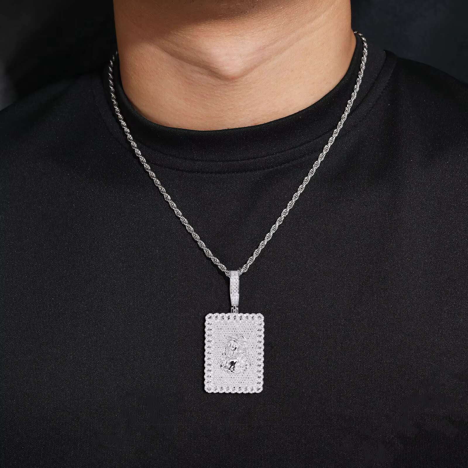 New S925 Silver Mosan Diamond HipHop Personality Jesus Necklace Rectangular Moissanite Pendant Trendy