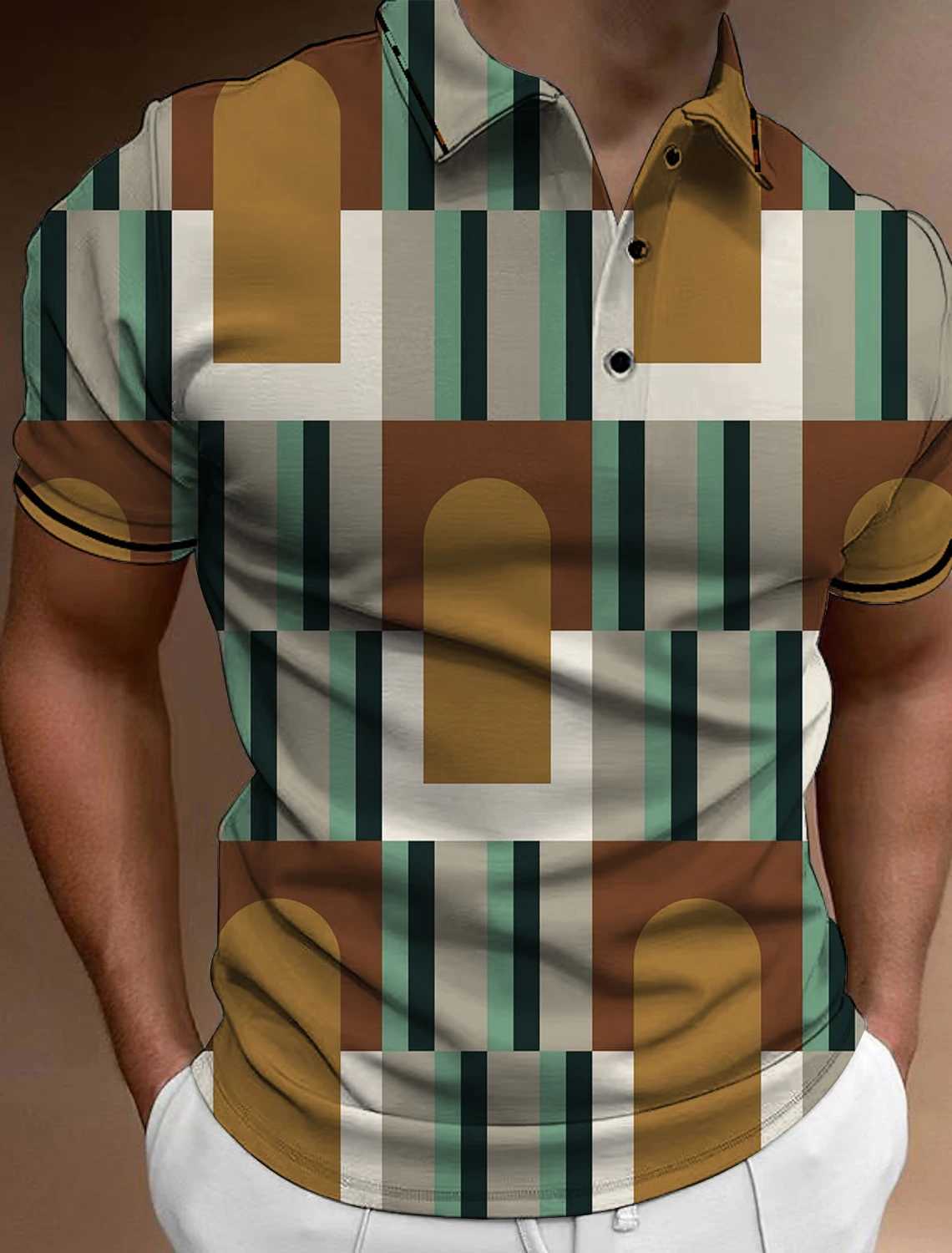 Mens Striped Block Button Polo Shirts Casual Short Sleeves Mens Polo Tee Shirt Mens Tops Streetwear Mens Golf Clothing Clothes XJ250725