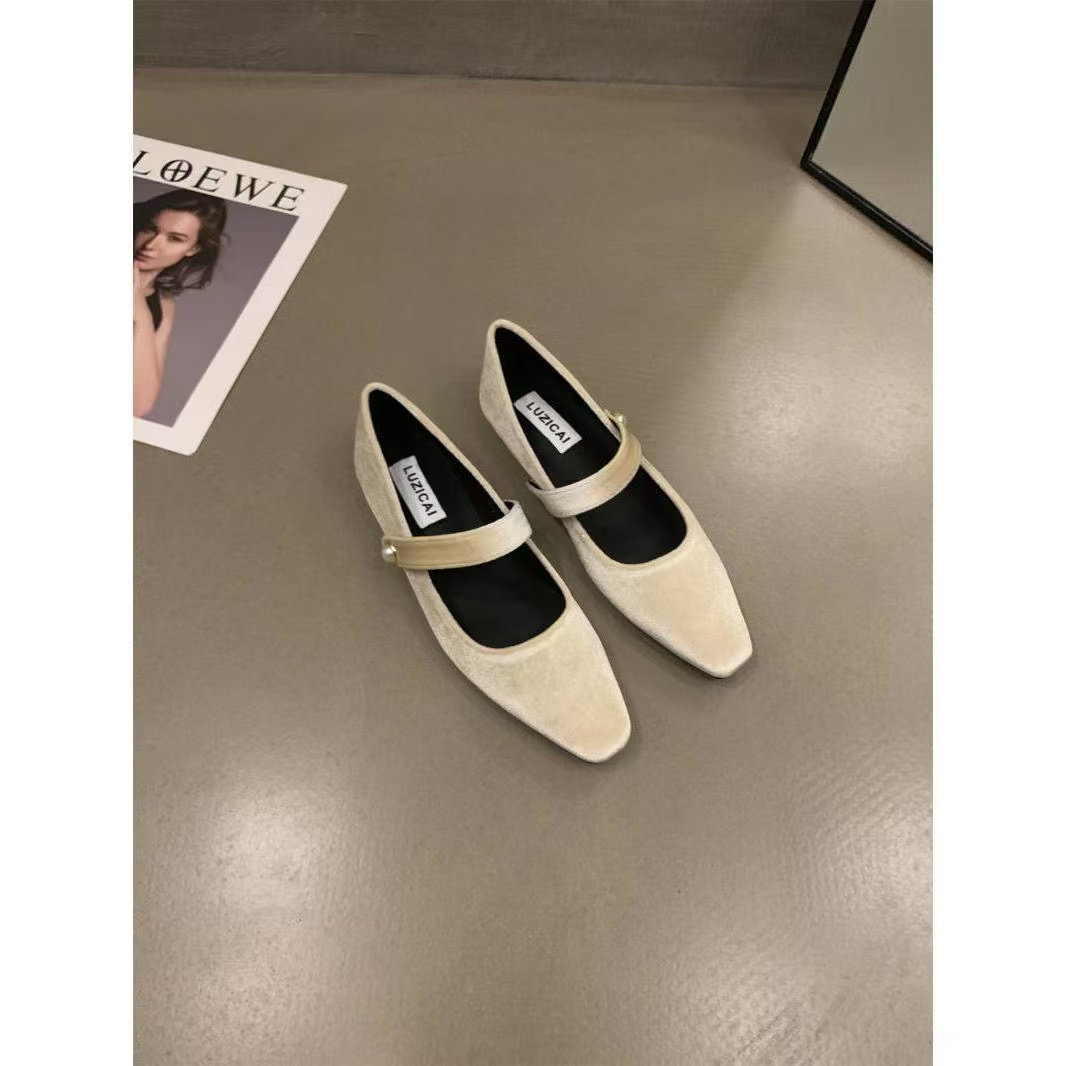 Elegant Pearl Buckle Velour Mary Jane Shoes Woman Concise Veet Ballet Flats Ladies Evening Party Low Heel Pumps In Wine-Red 240927