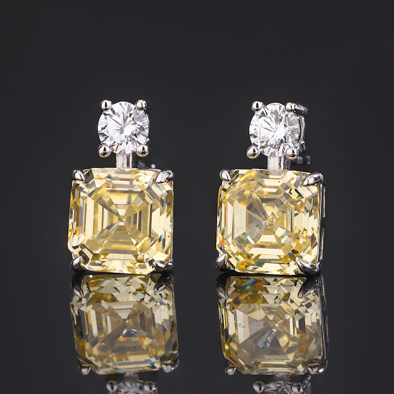 S925 Silver Ascher-Cut Blue & Yellow Gemstone Pendant Necklace & Earrings Set with High-Carbon Diamonds, Elegant Jewelry for Women