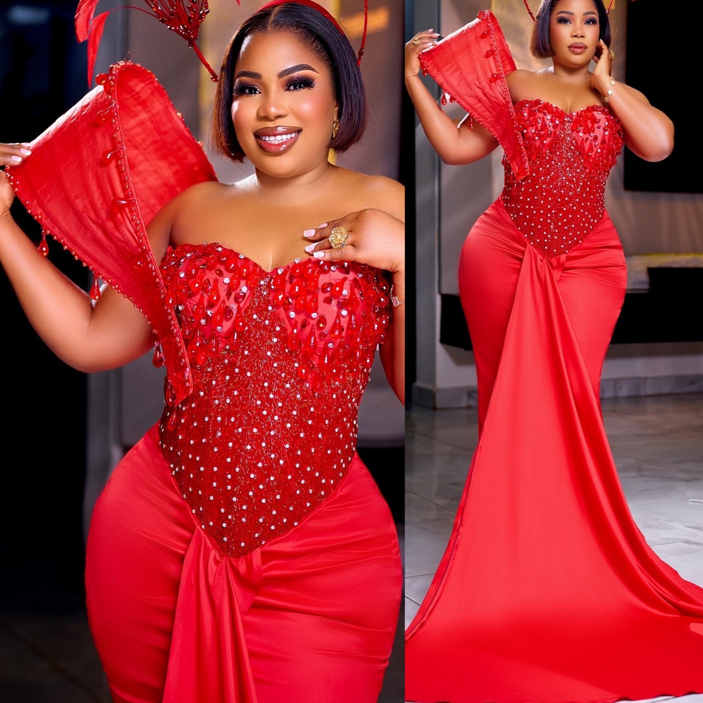 Red Mermaid Prom Dresses 2025 Rhinestones Beaded Satin Stylish Evening Formal Party Second Birthday Engagement Gowns Plus Size Dress For Special Occas
