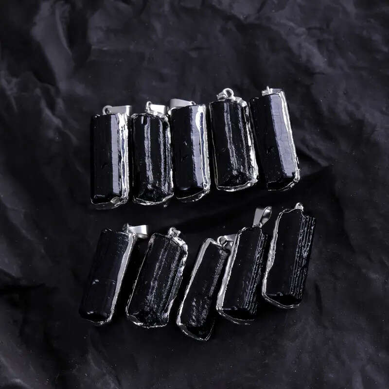 Natural Black Tourmaline Gilded Crystal Rough Stone Irregular Leather Cord Necklace Jewelry Pendant