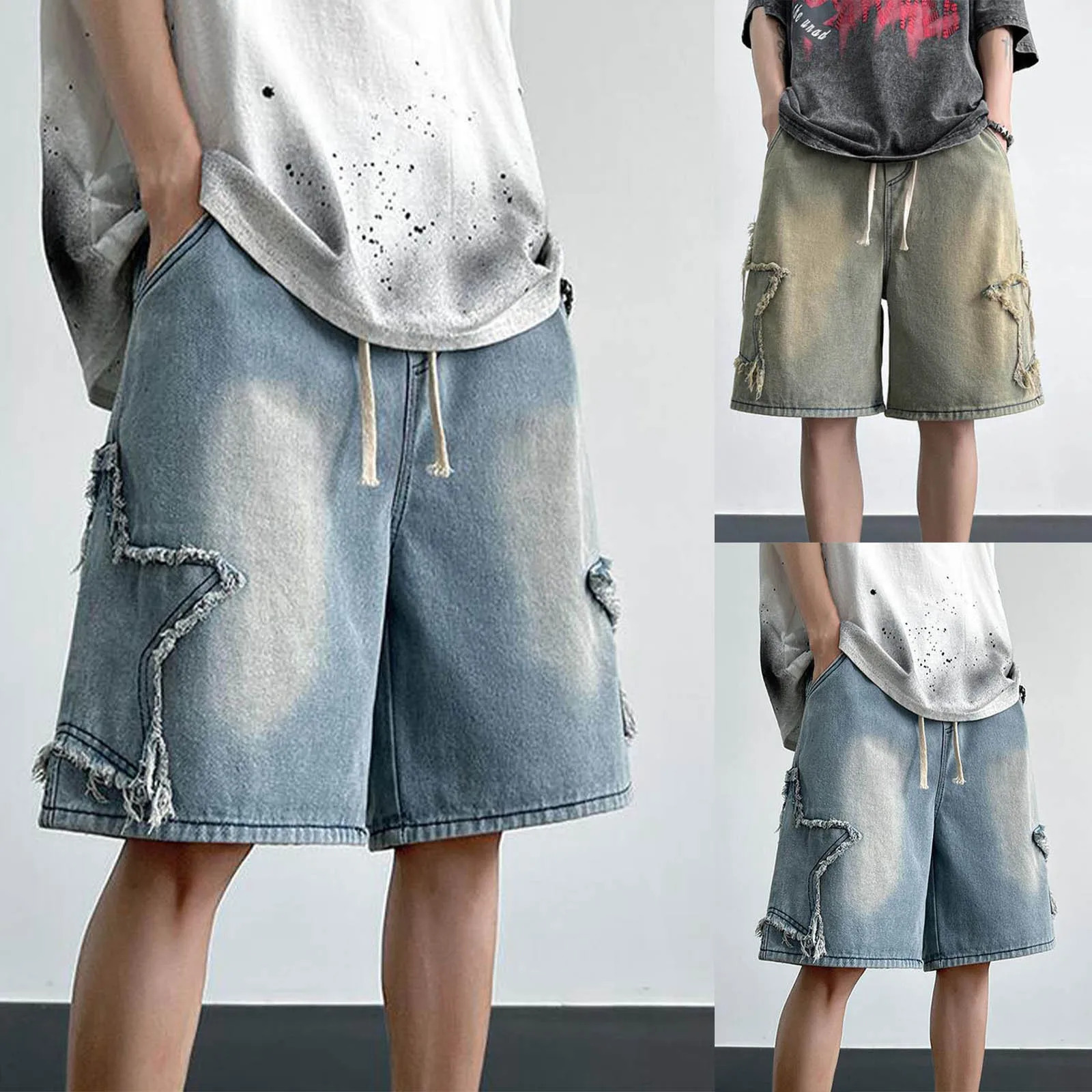 Fashion Denim Shorts For Men Summer Comfortable High Waist Drawstring Short Pants Mens Streetwear Star Loose Casual 250611Z