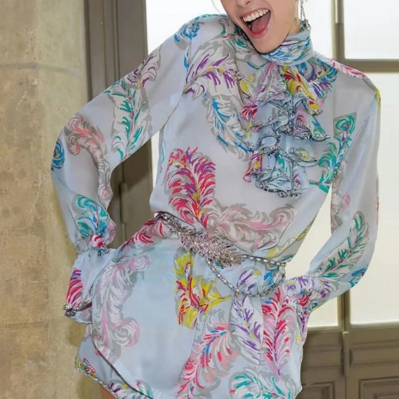 Classic Women's Feather Print Sequin Embroidered High-Neck Blouse Fashion Runway Ruffled Long Sleeve Lace Trim Loose Top Designer Silk Blend Clot