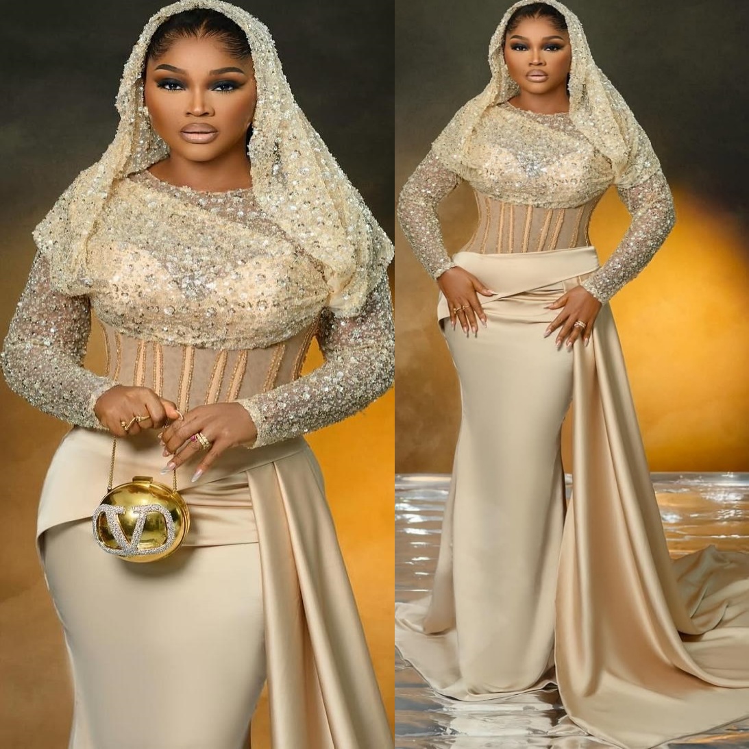 Mermaid Champagne Prom Dresses 2025 Sequined Satin Full Sleeves Evening Formal Party Second Birthday Engagement Gowns Plus Size Dress For Special Occa
