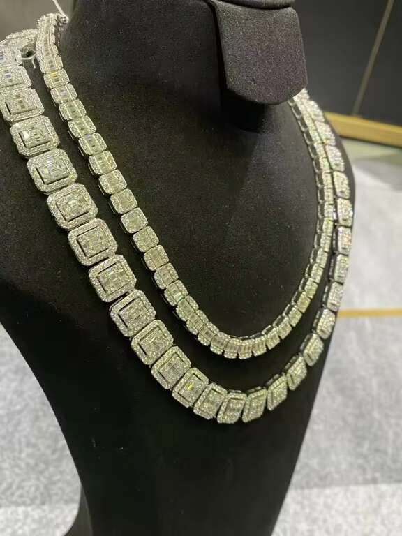 New Mens and Womens Square Necklace 925 Silver Baguette Diamond VVS Moissanite Luxury Cuban Chain