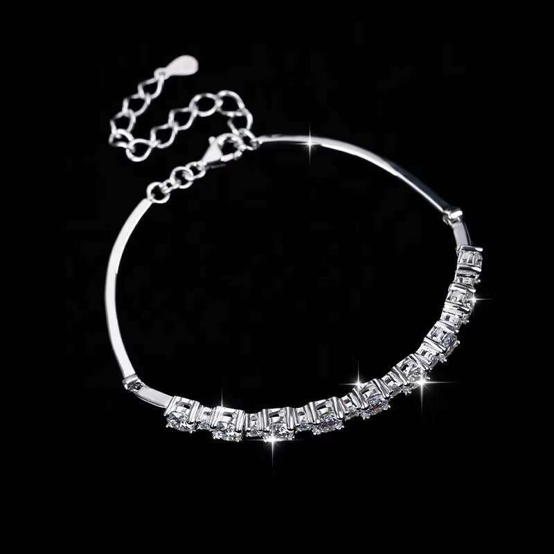 Fine Jewelry S925 Sterling Silver Full Diamond Moissanite Adjustable Bracelet for Women Birthday Gift