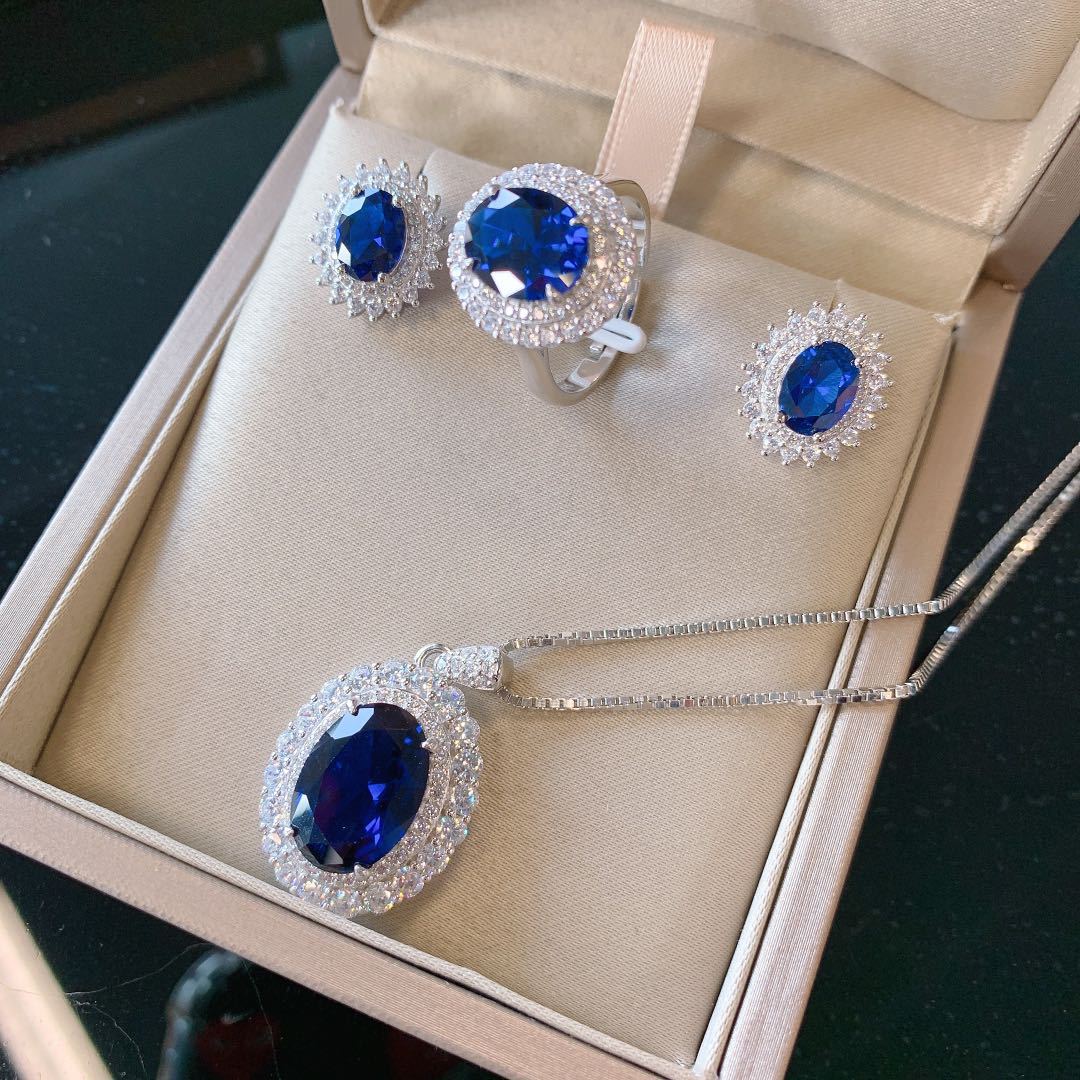 S925 Silver Classic Tanzanite Gemstone Jewelry Set - Earrings, Pendant & Ring Set, Elegant and Hypoallergenic Wedding Jewelry for Women