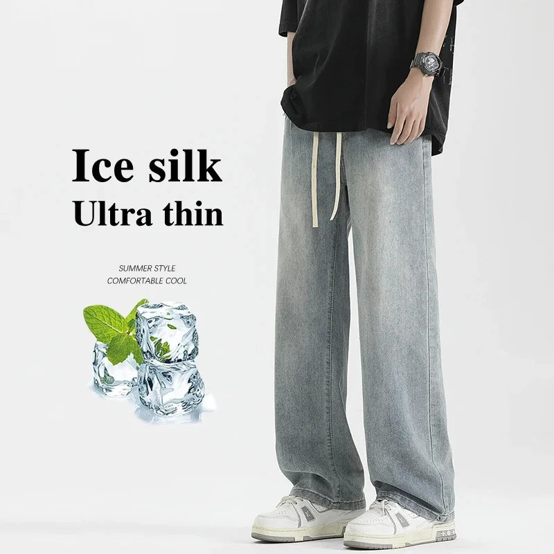 Summer Thin Mens Loose Jeans Wide Leg Fashion Korean Style Drawstring Straight Vintage Wash Denim Pants Streetwear Men Trousers 250611Z