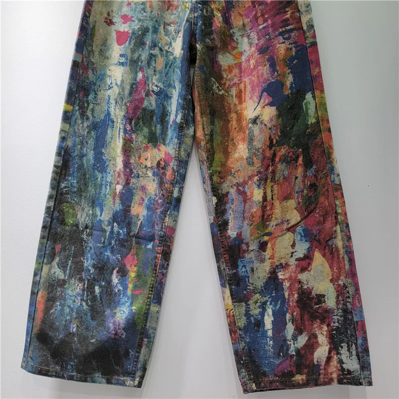 Retro Women Hand-Painted Splashed Ink Palette Jeans Tie-dye Graffiti Streetwear Denim Pants Wide Legs Straight Cowboy Trousers 250611