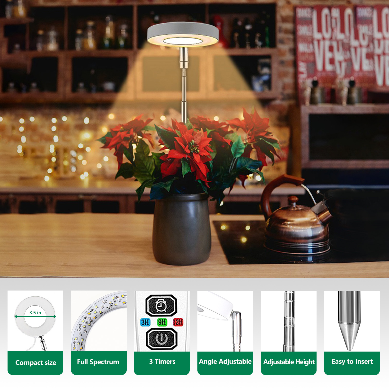 6.3 inch Grow Lights for Indoor Plants,Large Plant Light with 3 Timers, 10 Level Dimmable Brightness, Full Spectrum Plant Lamp, Height Adjustable for 