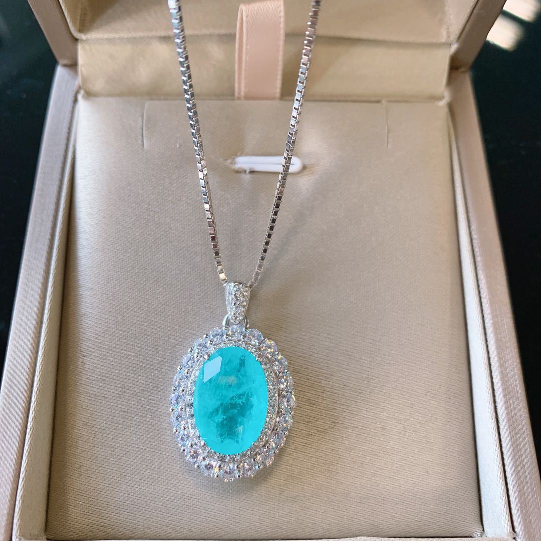 S925 Silver Classic Faux Paraiba Stone Ring Earrings Pendant Three-Piece Set, Wedding Jewelry Set, Stylish High-Quality Faux Gemstone Accessories