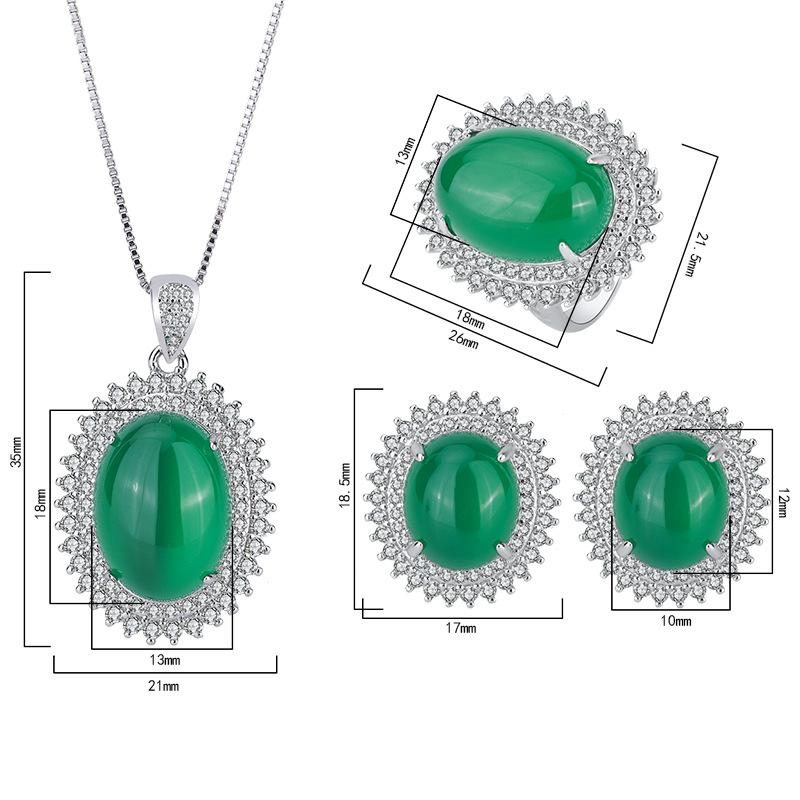 S925 Silver Jade Green Chalcedony Pendant Ring Earrings Set, Classic Design, Perfect for Weddings and Special Occasions, Elegant Fashionable Women