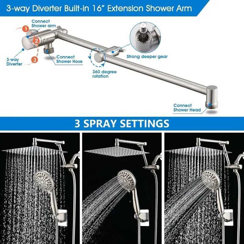 Bath 12 Rainfall Shower Head with Handheld Spray Dual Rain Showerhead with High Pressure 10-Setting Wand Combo X250612
