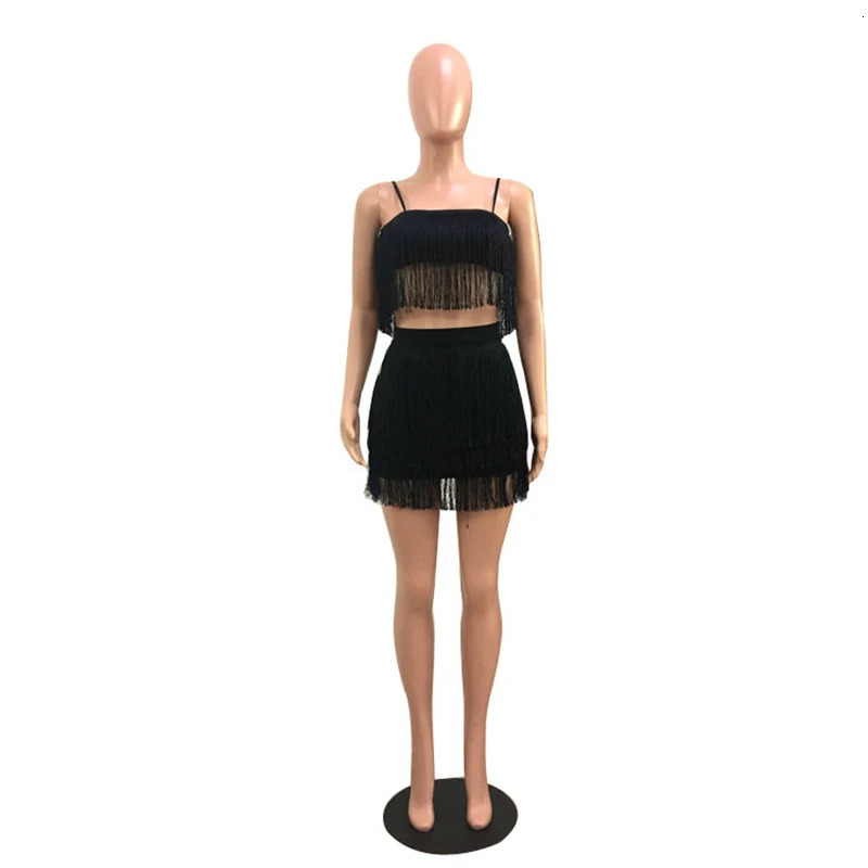 Backless Glitter Tassel Halter Belt Hip Skirt Set Party Costume Tassel Temptation Stage Performance Clubwear Midnight Sexy Suit 250606