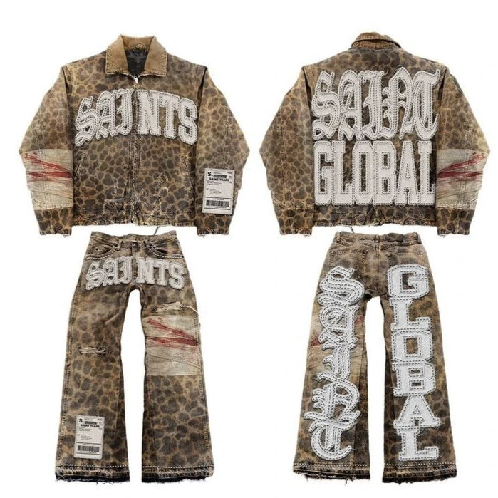 Vintage Leopard Camouflage Jeans Jacket Two Piece Y2K Suit Mens Womens Letters Patch Embroidery Oversized Coats Jeans Clothes 250606
