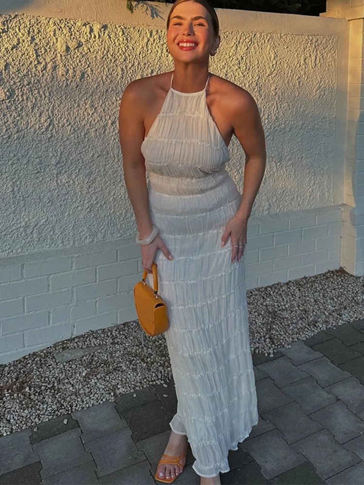 Elegant Pleated Halter Long Dresses Women Retro Sexy Slim Sleeveless Backless Beach Dress Female Chic Party Holiday Vestidos 250611