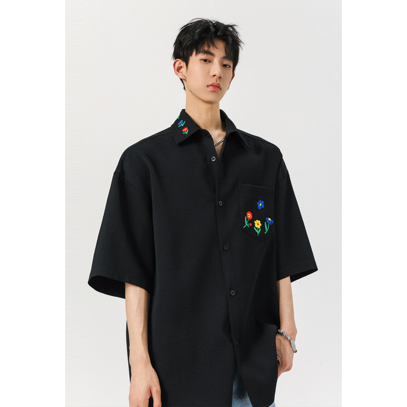 Men's Casual Shirts White Black Colorful Embroidered Flower Pattern Lapel M-5XL Plus Size Short Sleeve Shirt For Men Women