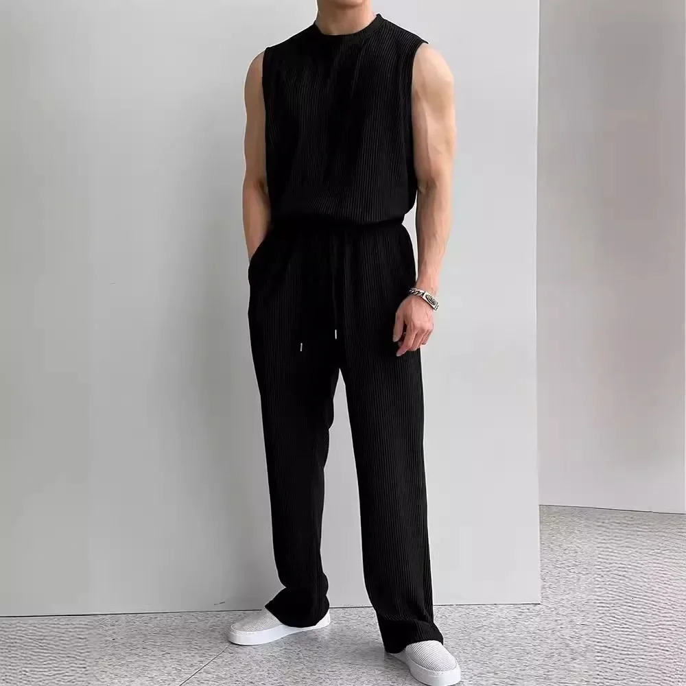 Summer Clothing Mens Casual Tank Tops Set y Korean Streetwear O Neck Solid Drape VestTrousers 2 Piece Suit 250612