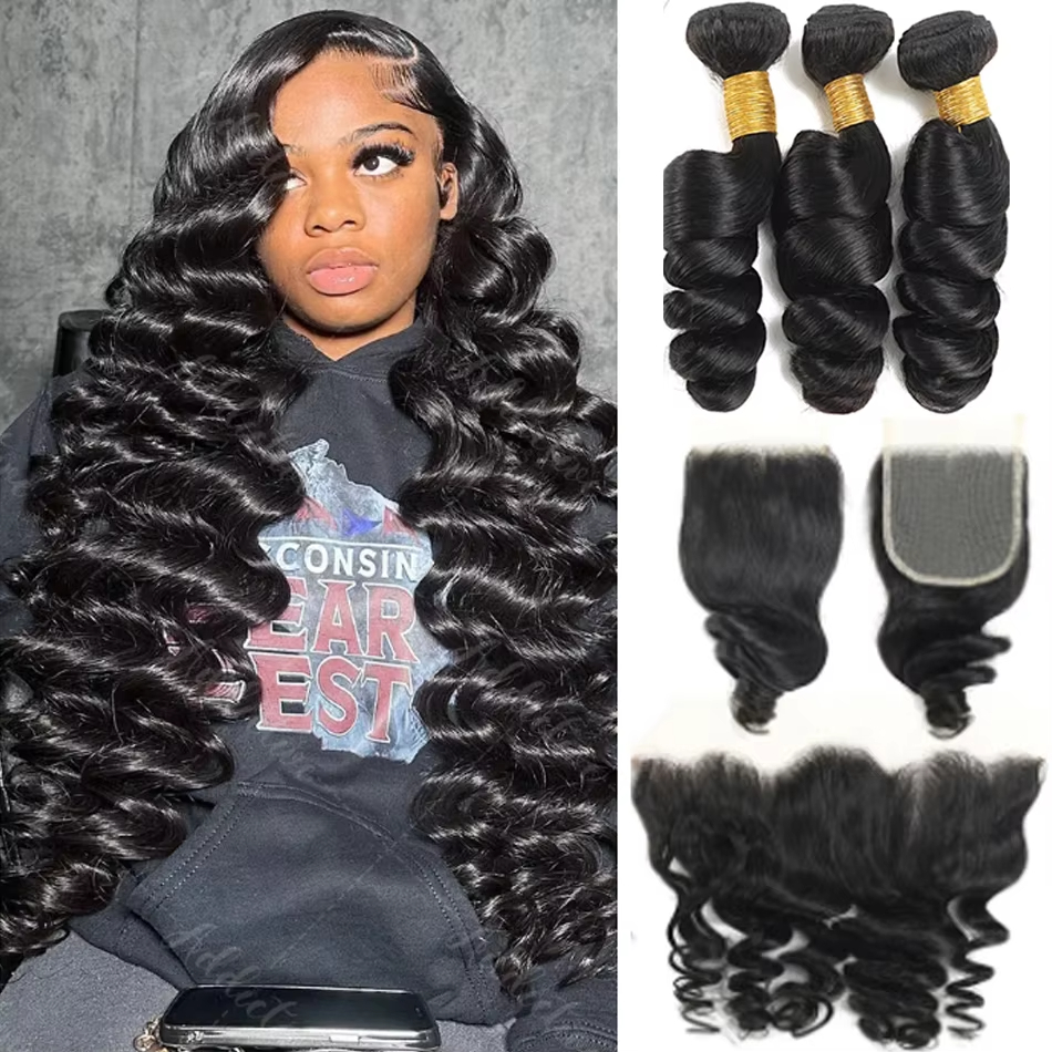 Loose Wave Human Hair Bundles With Closure Indian Hair Weave With Lace Frontal 4x4 Wavy Human Hair Extensions Peruvian 10 inch Extensions Malaysian Ha