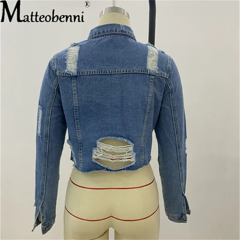Women Sexy Slim Jackets Ripped Long Sleeve Turn-Down Collar Single Breasted Crop Denim Jackets Fashion Casual Street Clothes 250609