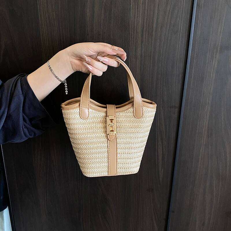 Women Small Basket PU Leather Straw Weaving Handbag Summer Travel Female Shoulder Cross Body Short Handle Bag