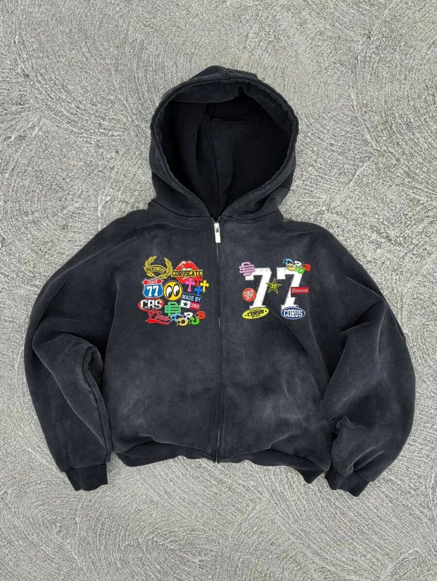 Y2K American hip-hop personality pattern print hoodie men clothing streetwear Harajuku jacket gothic casual Zip Up hoodies 250610