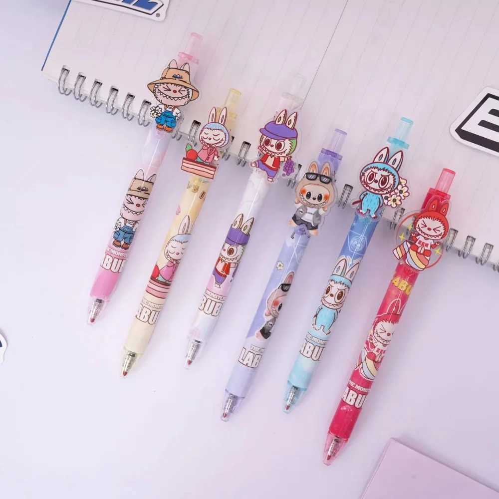 6Pcs Labubu Gel Ink Ballpoint Pen 0.5mm Black Office School Pens Smooth Writing Stationery Elementary Supplies Christmas GiftXJ250612