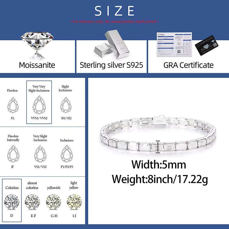 Factory Price Gift Jewelry 5mm 925 Sterling Silver Emerald Cut VVS Moissanite Baguette Tennis Bracelet for Valentines Day
