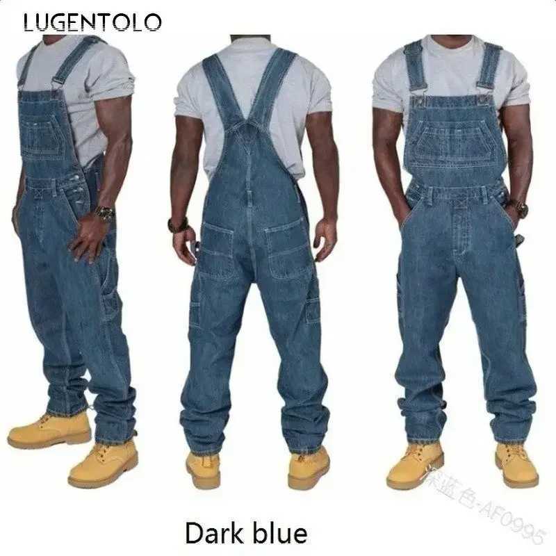 Lugentolo Overalls Jeans Men Large Size Spring Fashion Loose Straight Multi-pocket Denim Trousers W250612