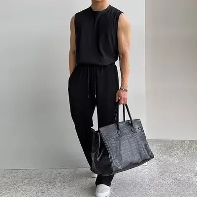 Summer Clothing Mens Casual Tank Tops Set y Korean Streetwear O Neck Solid Drape VestTrousers 2 Piece Suit 250612