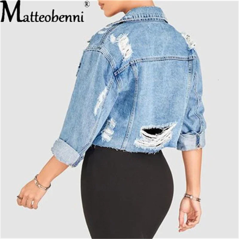 Women Sexy Slim Jackets Ripped Long Sleeve Turn-Down Collar Single Breasted Crop Denim Jackets Fashion Casual Street Clothes 250609