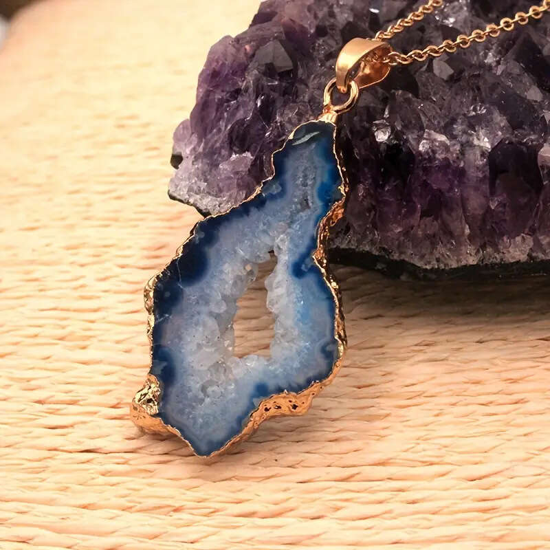 Natural Agate Geode Rough Stone Slice Gilded Edge Necklace Irregular Crystal Pendant