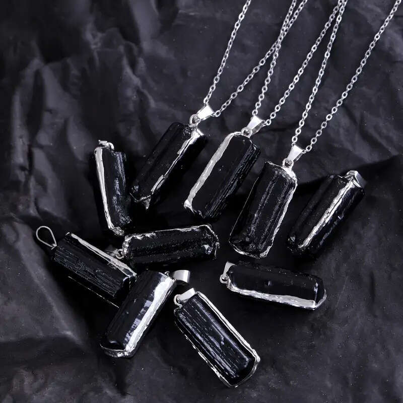 Natural Black Tourmaline Gilded Crystal Rough Stone Irregular Leather Cord Necklace Jewelry Pendant