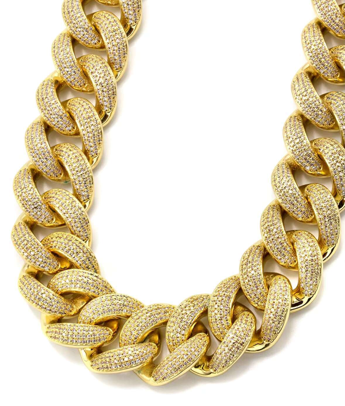 25MM Solid 925 Silver Hip Hop Cuban Link Chain 18K Gold Plated with Studded VVS1 Moissanite Diamond Passes Tester 16-30 Inches