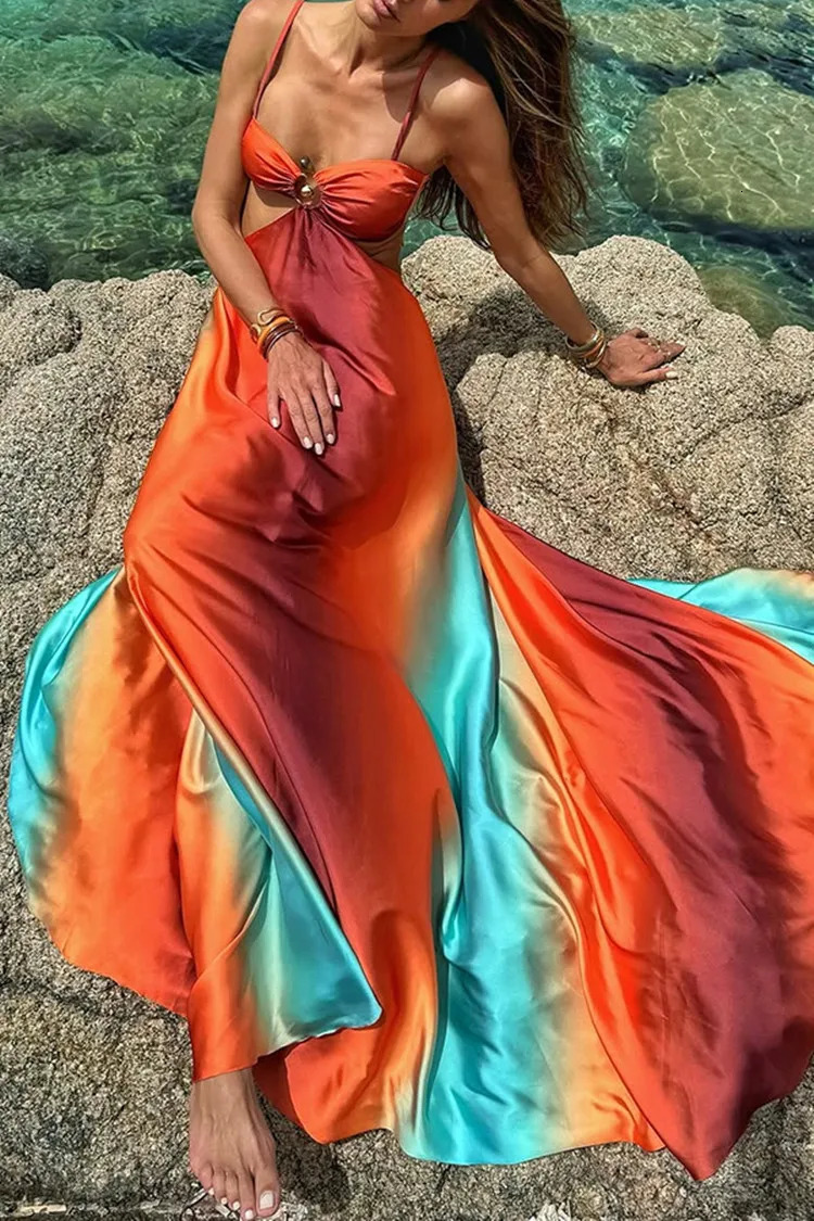 Sexy Gradient Hollow Out Maxi Dress Women Backless Sleeveless Sling Long Dresses Summer Vacation Boho Beach Satin Robes 250611