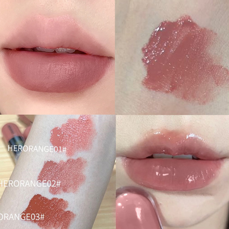 HERORANGE Fog-Condensed Lipstick Matte Lip Gloss Duo Waterproof Moisturizing Milk Tea Color Mirror Lip Tint