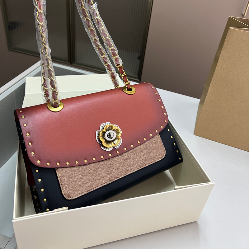 Designer Womens Totes cowhide 10.24*6.3inches camellia Chain shoulder crossbody bag metal buckle flower decoration Free shipping