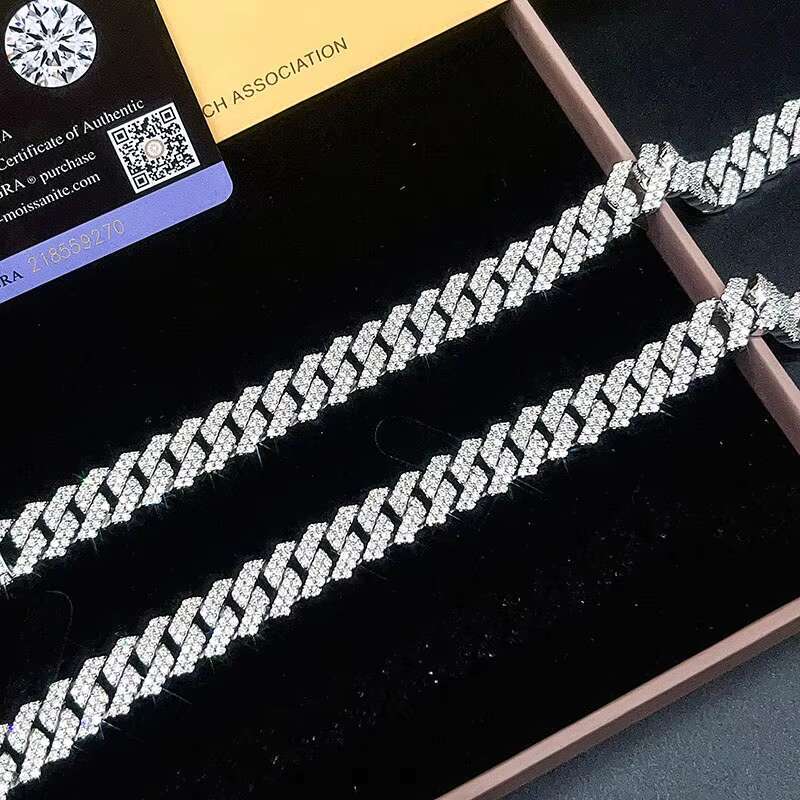 Wholesale Luxury Customized S925 Silver Cuban Chain 12mm Baguette VVS Moissanite Diamond Hip Hop Jewelry Cuban Link Necklace