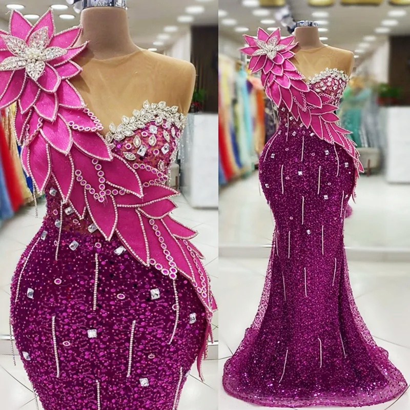 Purple Mermaid Prom Dresses 2025 Florals Crystals Sequined Sheer Neck Evening Formal Party Second Birthday Engagement Gowns Plus Size Dress For Specia