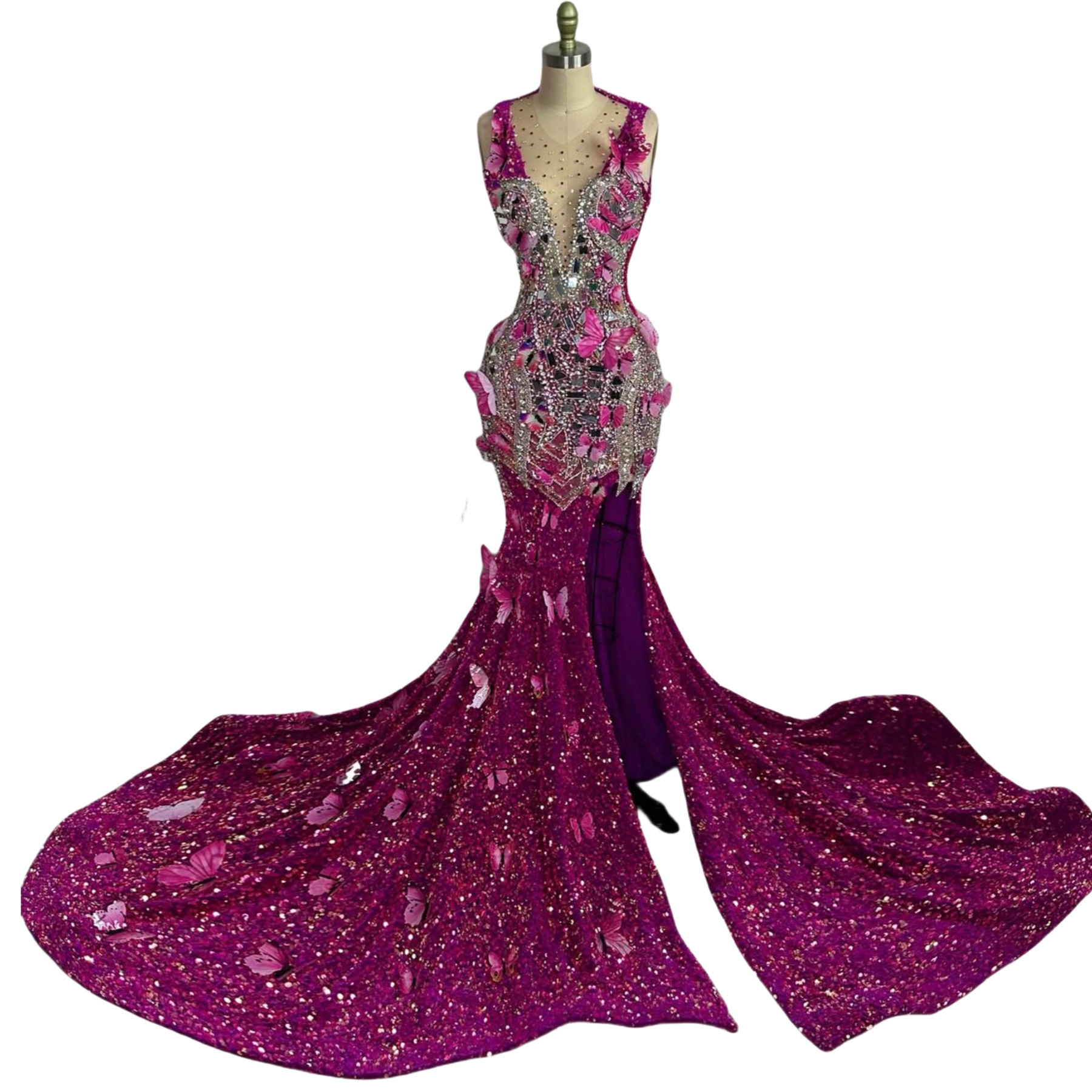 Fuchsia Mermaid Prom Dresses 2025 Crystals Beaded Florals Sequined Evening Formal Party Second Birthday Engagement Gowns Plus Size Dress For Special O