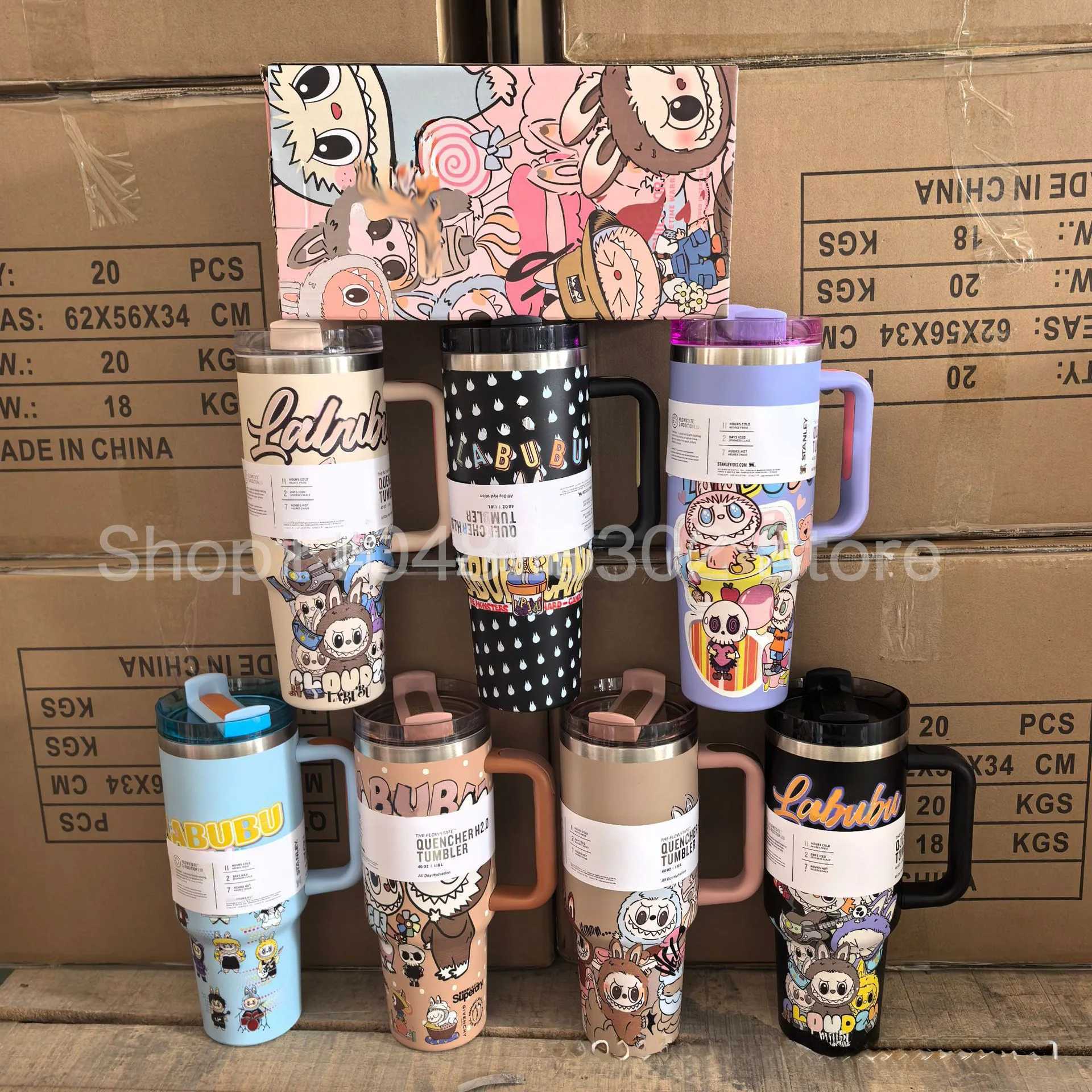 New labubu 40OZ stainless steel drum type tibial drive insulated cup with straw and lid large capacity car cup X250612