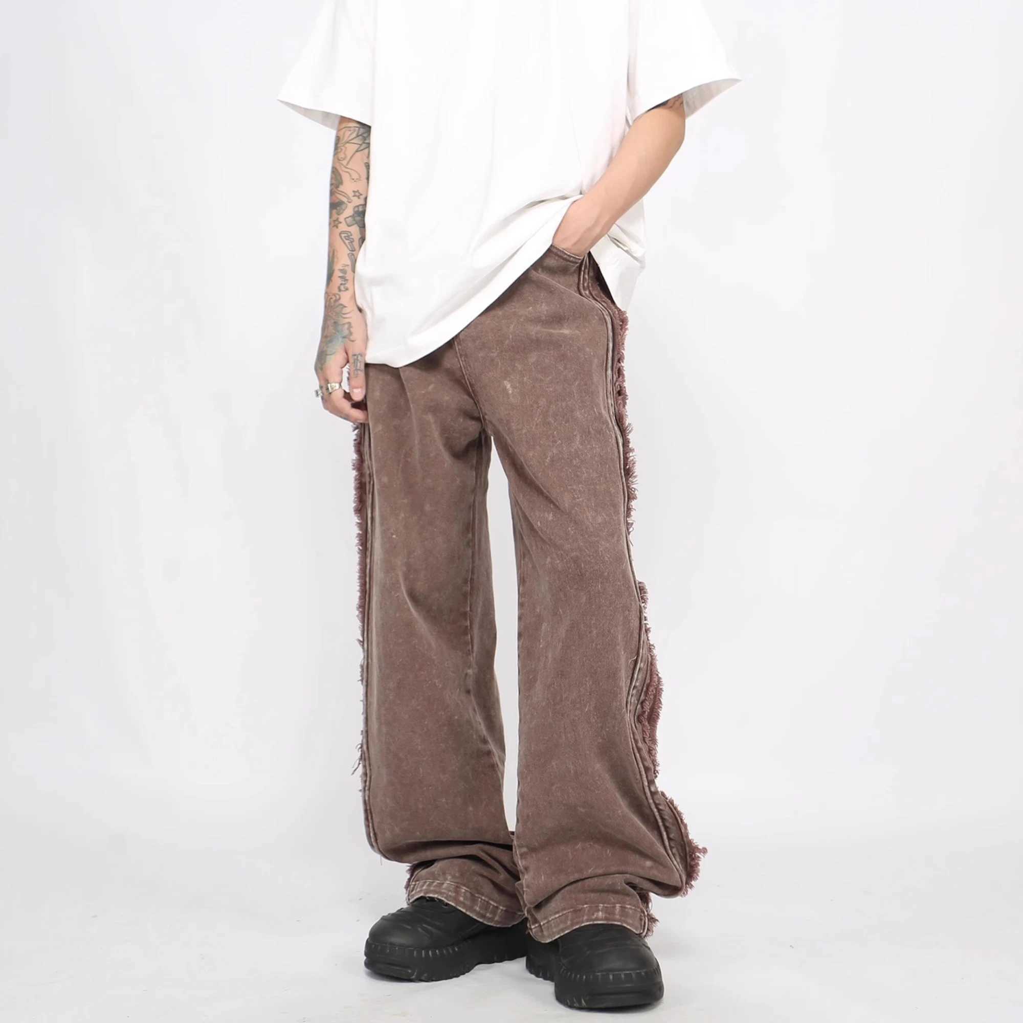 American Vintage Streetwear Raw Edges Vertical Striped Patchwork Jeans Y2k Mens Trendy Loose Couple Straight Leg Washed Jeans W250612