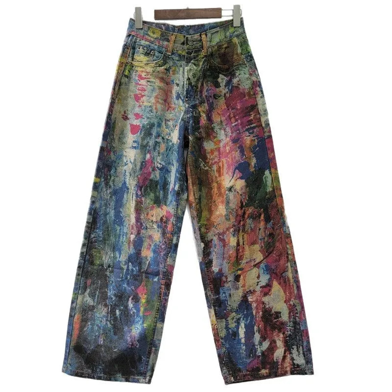 Retro Women Hand-Painted Splashed Ink Palette Jeans Tie-dye Graffiti Streetwear Denim Pants Wide Legs Straight Cowboy Trousers 250611