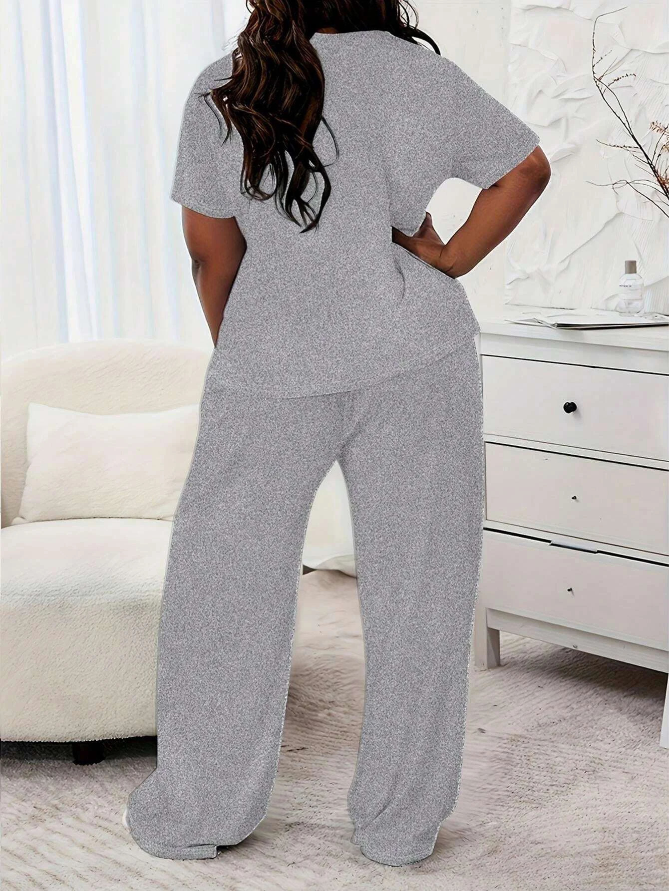 Plus Size Two Piece Summer Casual Solid Colour Tops Yoga Wear Exercise Set Tops and Pants 250609